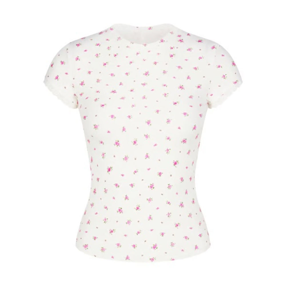 Skims Soft Lounge Lace T-shirt - Neon Orchid Rose Print